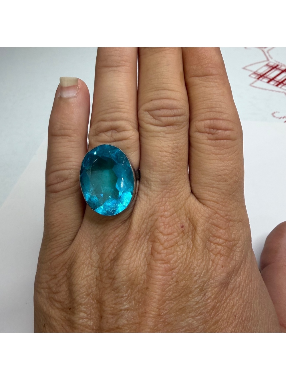 Sterling silver with large blue glass stone ring size 6.75 vintage